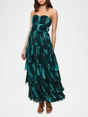 Hutch Anthropologie Lanza Strapless Pleated Tulle Dress Teal Breezy Watercolor